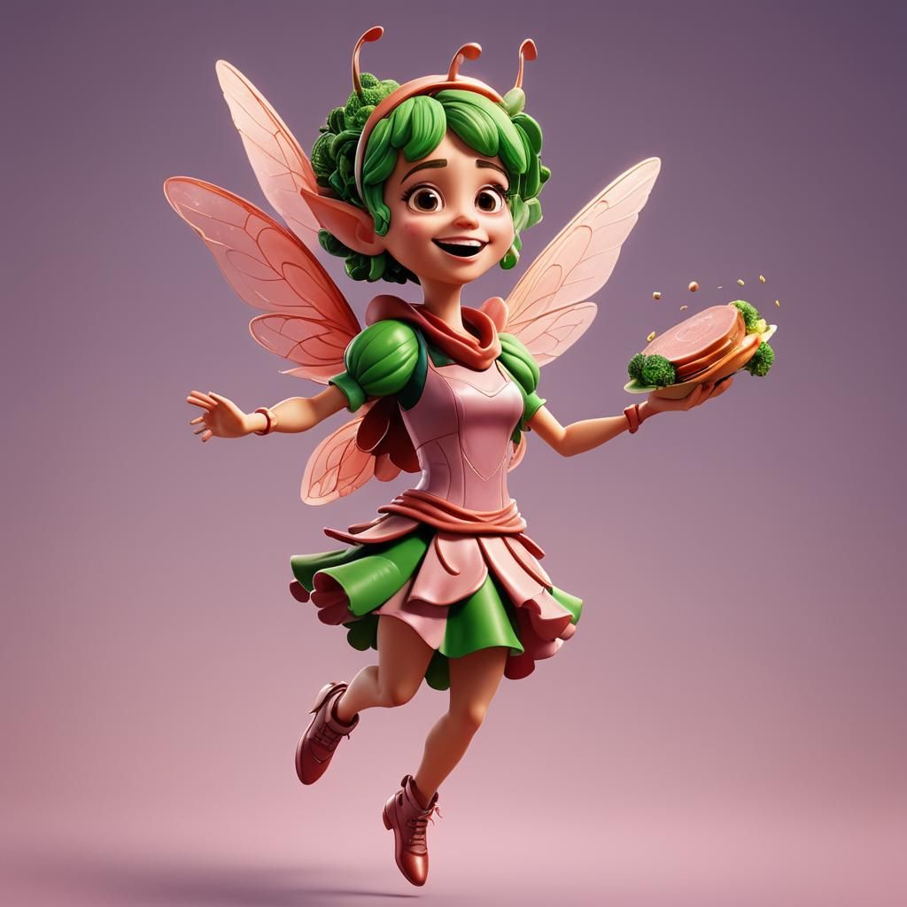 Fairy with Ham Wings Dances with Broccoli