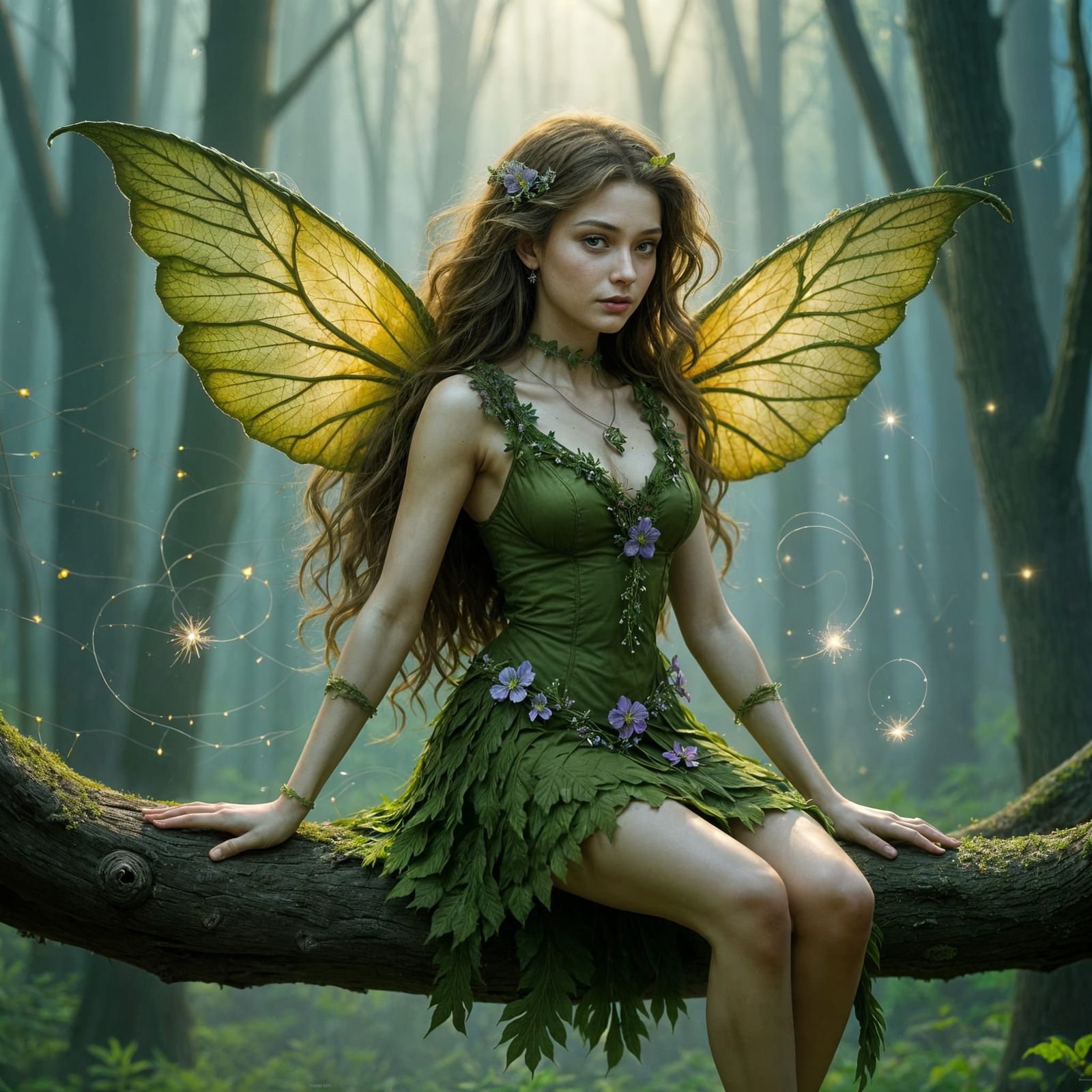 Mosskin Fairy With Maple Leaf Hair and Bioluminescent Wings