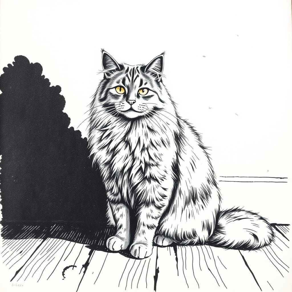 Intricate Ink Drawing of a Majestic Long Fur Cat