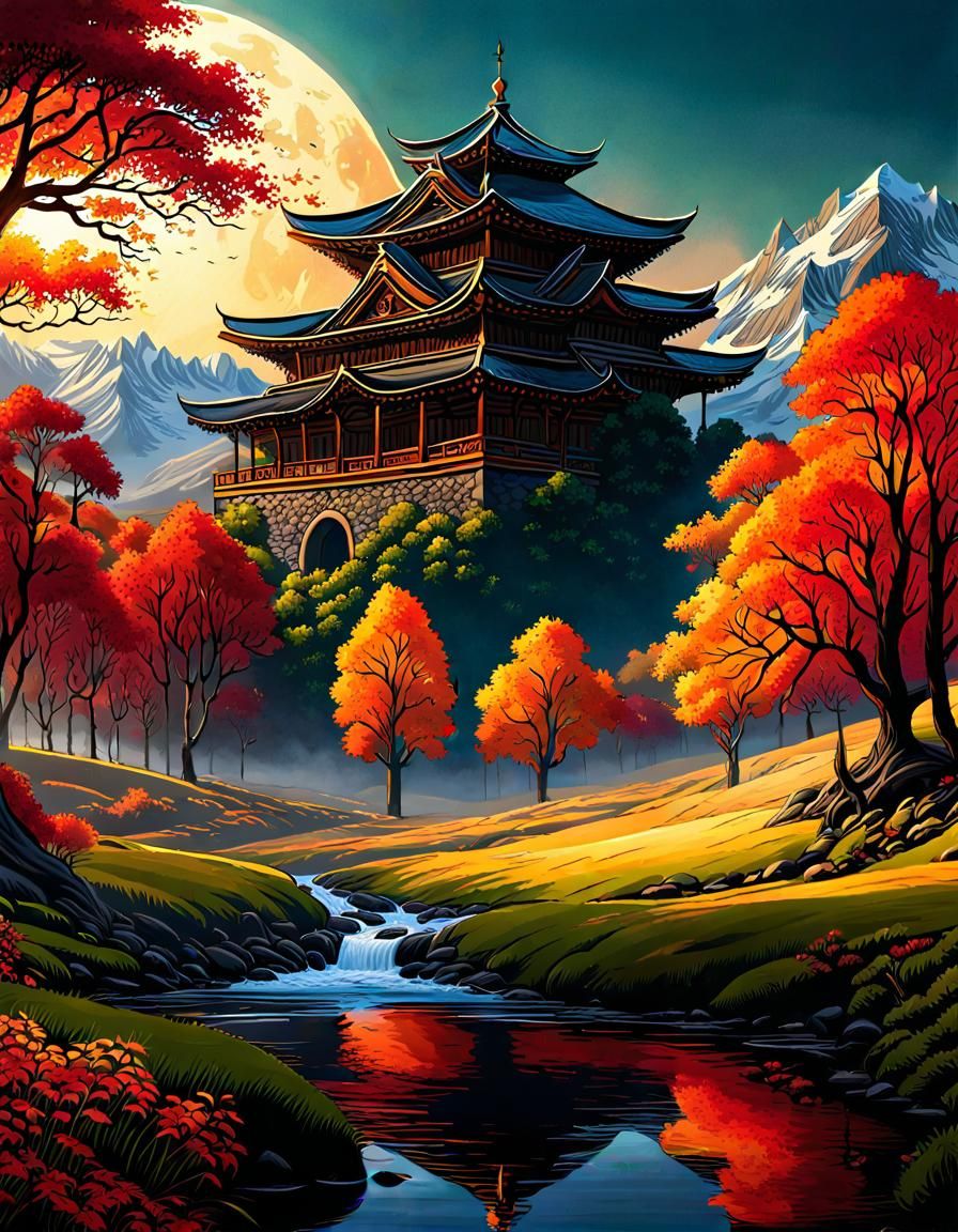 Autumn Landscape in Gouache Watercolor Style
