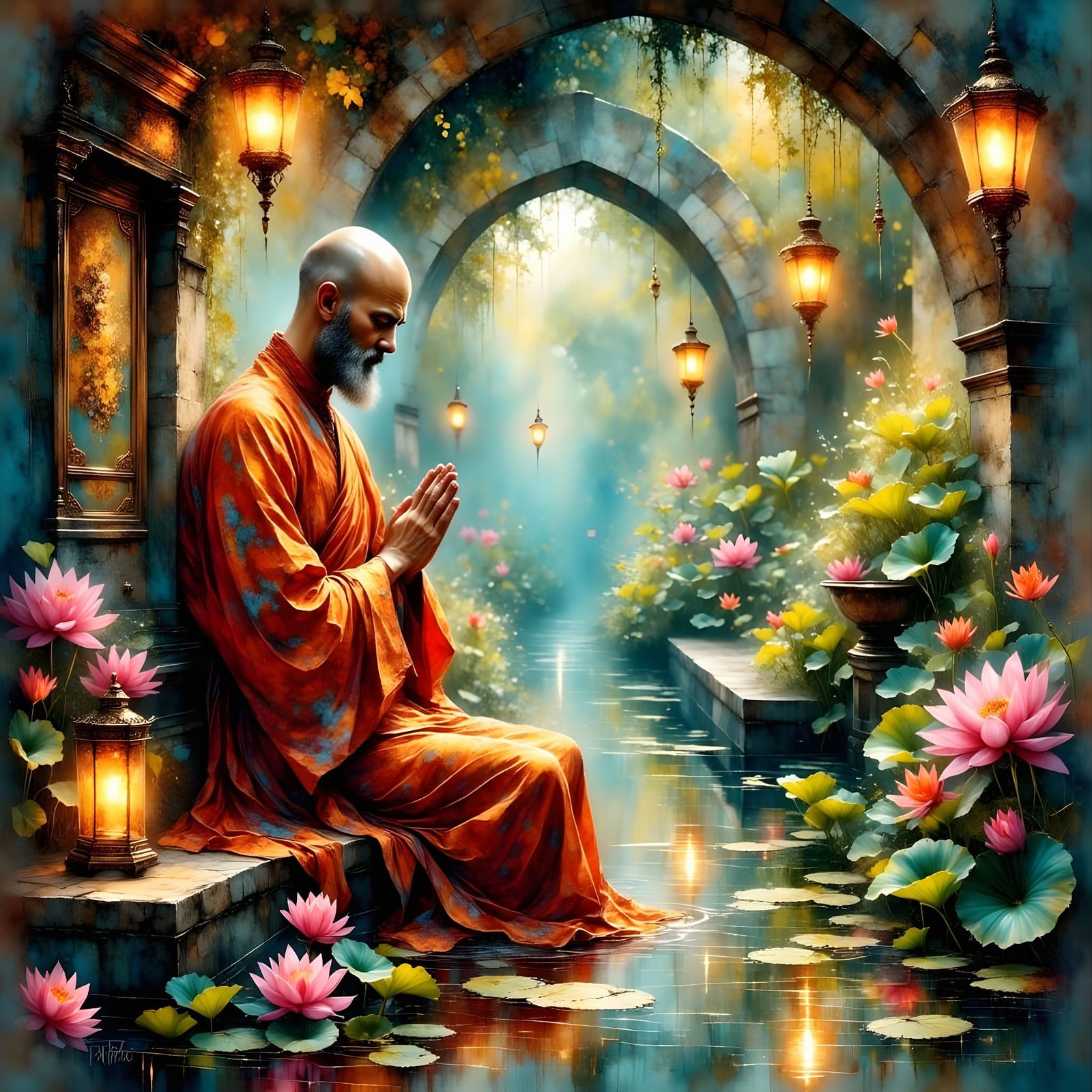 Ethereal Epic Fantasy Scene with Serene Monk in Prayer