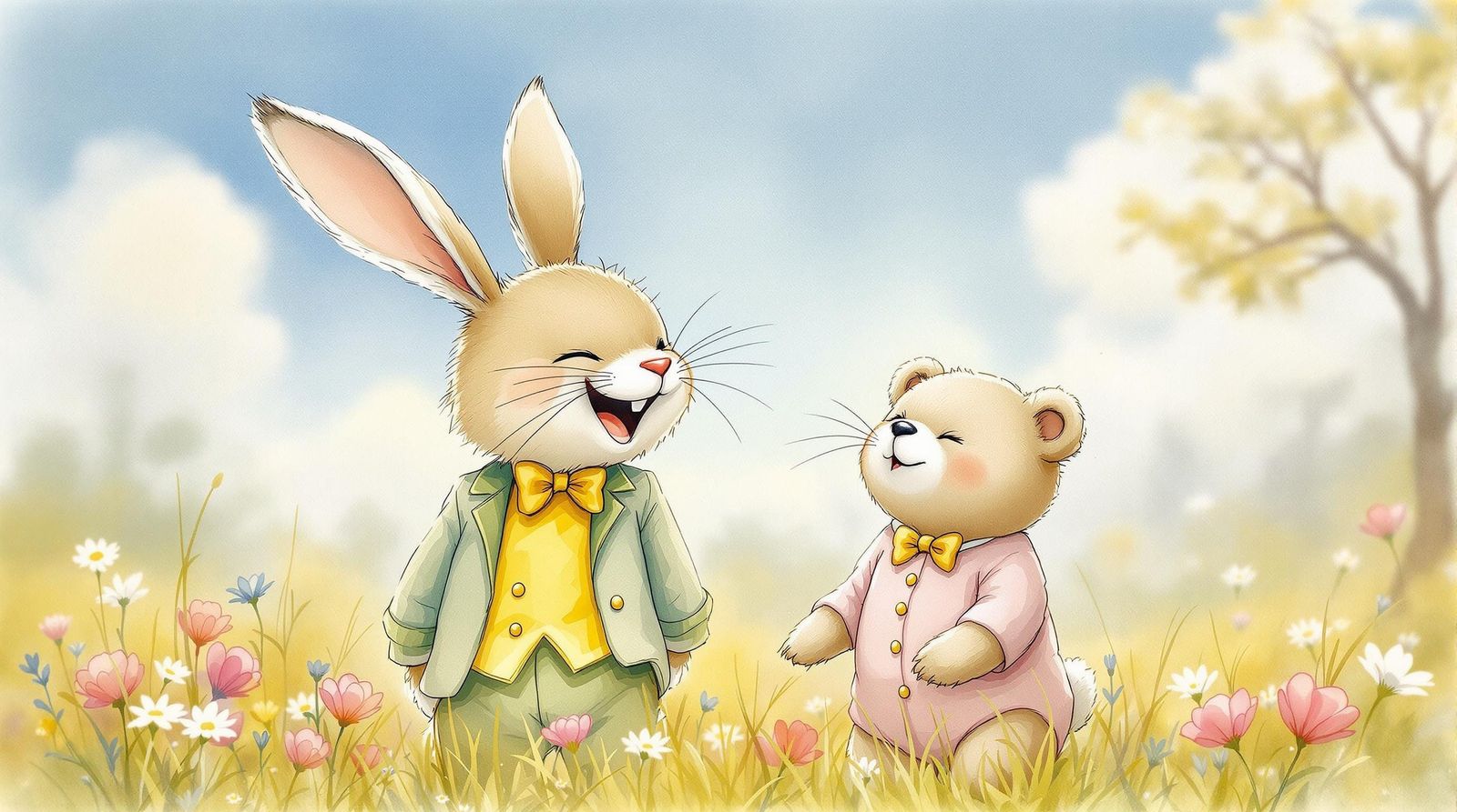 Laughing Bunny and Bear in Whimsical Watercolor Style