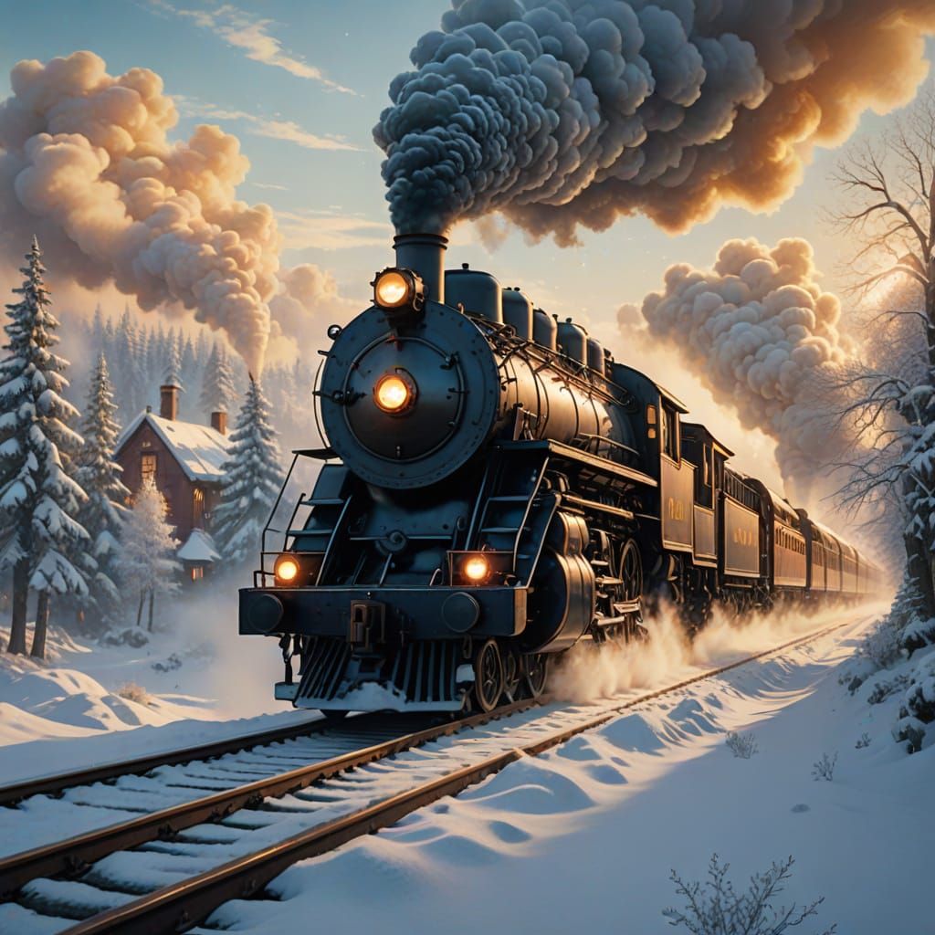 Magical Glowing Train in Snowy Landscape Digital Painting