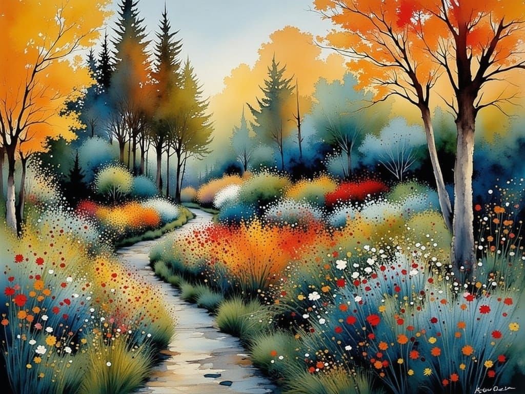 Vibrant Garden Scene in Impressionist Watercolor Style