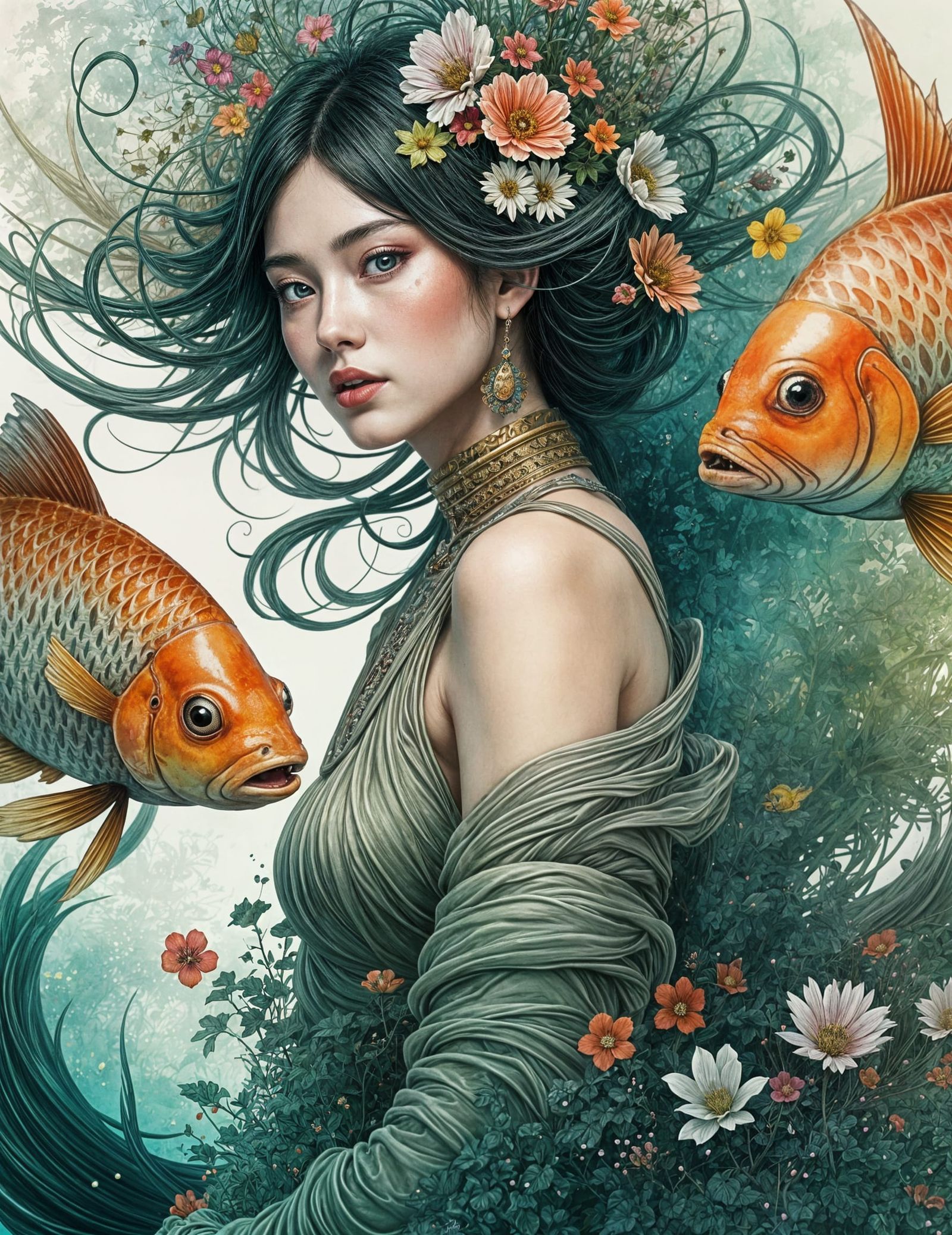 Fish Goddess in Macabre Garden: Anime Watercolor