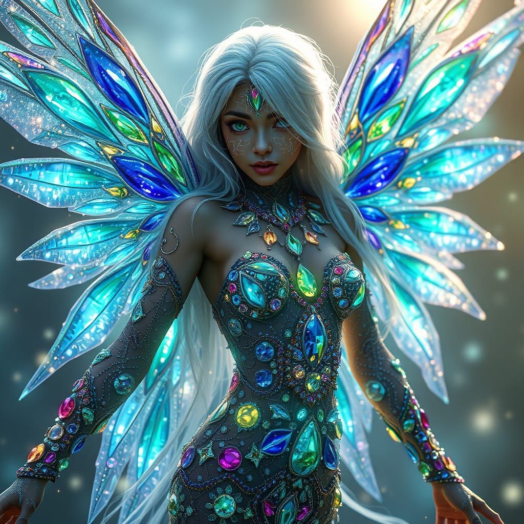 Ethereal Jewel-Toned Fairy with Majestic Crystal Wings