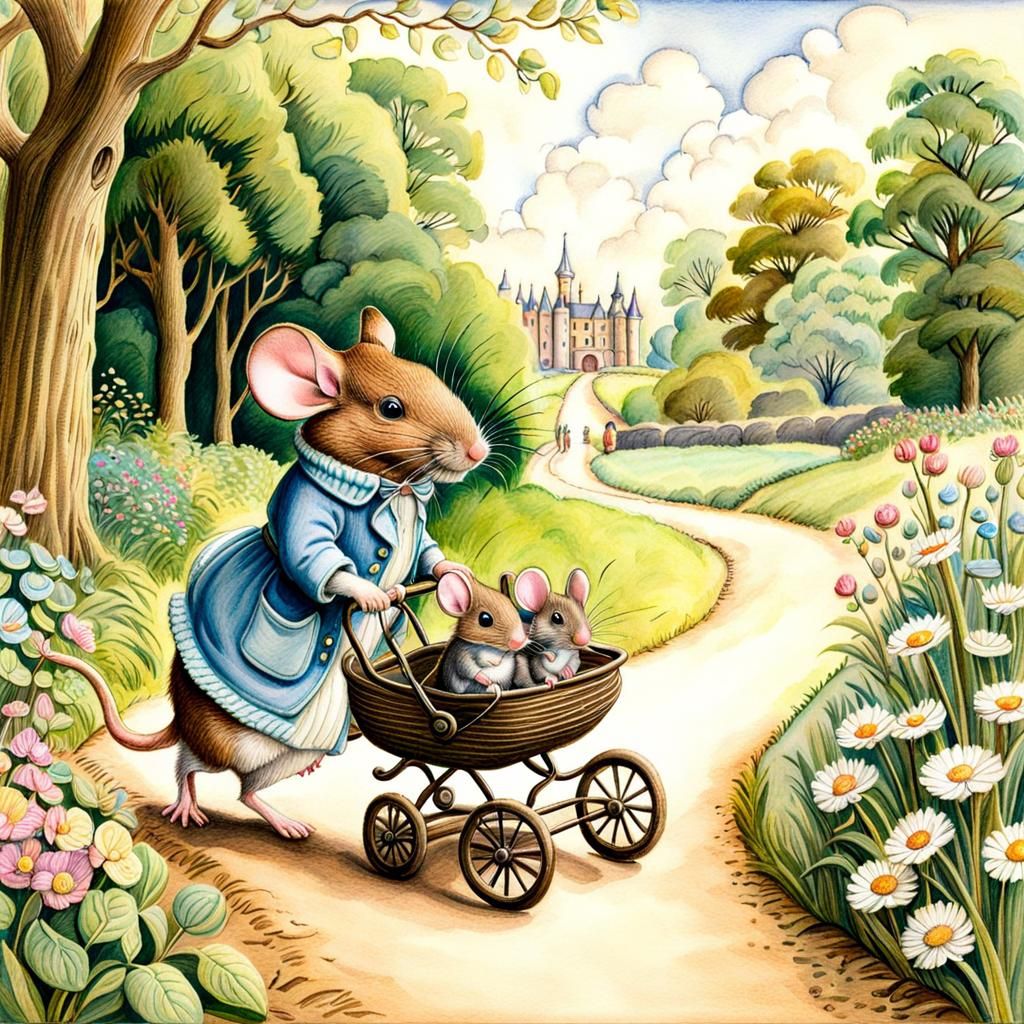 Mouse with Stroller in Beatrix Potter Style