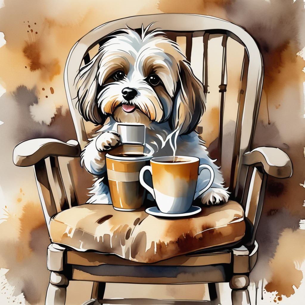 Havanese Dog's Cozy Coffee Break: Watercolor Illustration