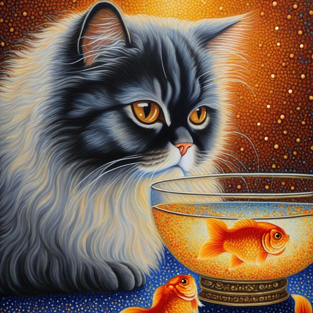 Pointillist Persian Cat Watches Goldfish