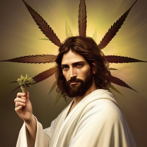 Jesus Holding Weed Leaf: Hyperdetailed Portrait