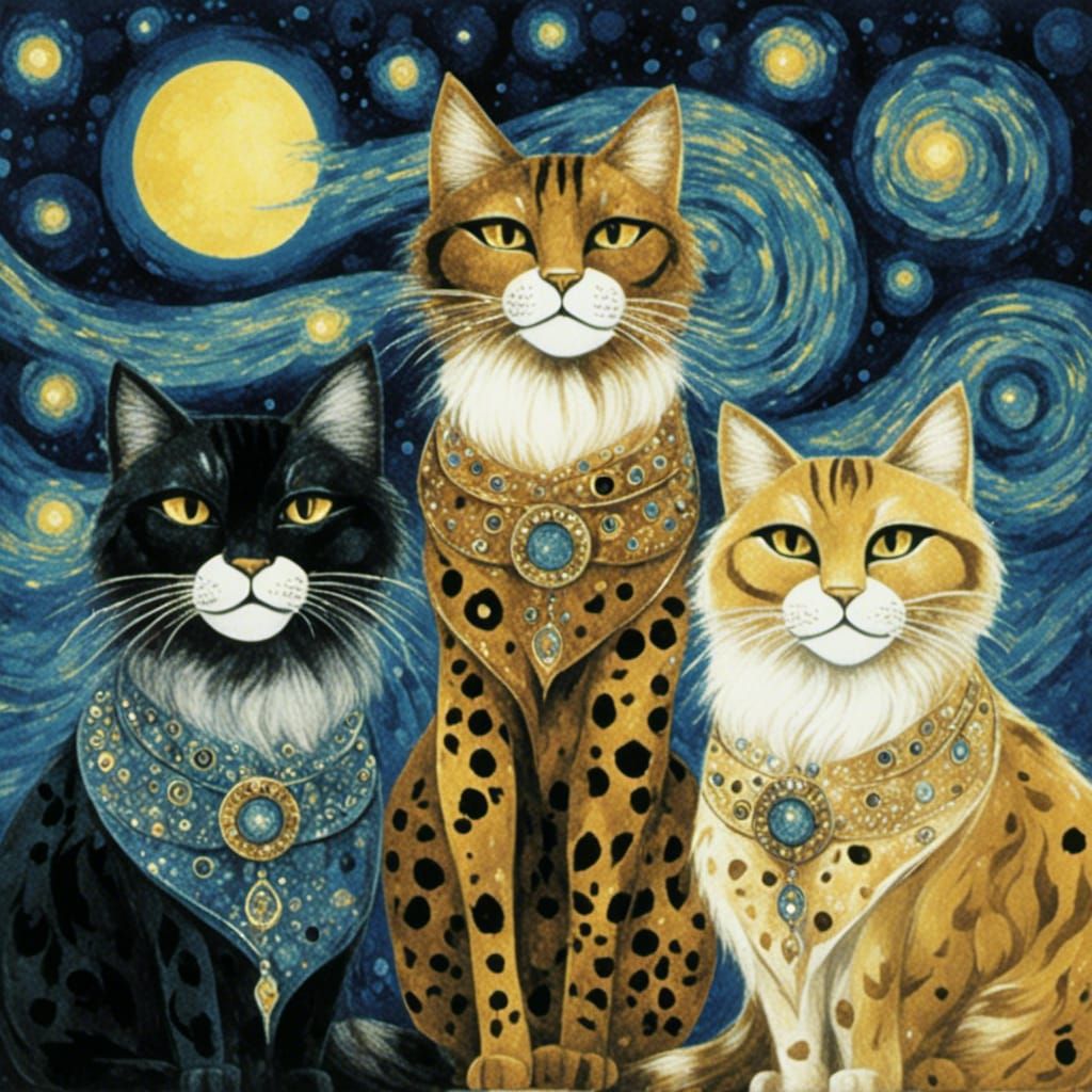 <lora:Feline Folk:1.0> starry night with male cats,in the st...