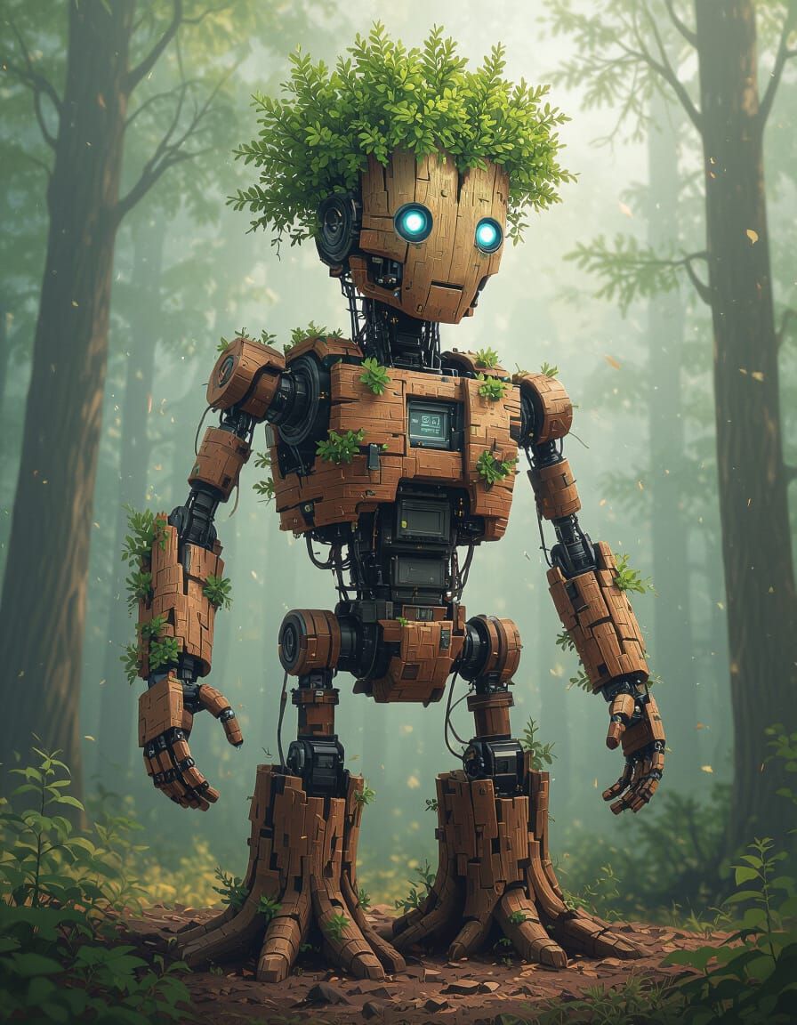 Robot Made of Tree as Digital Painting