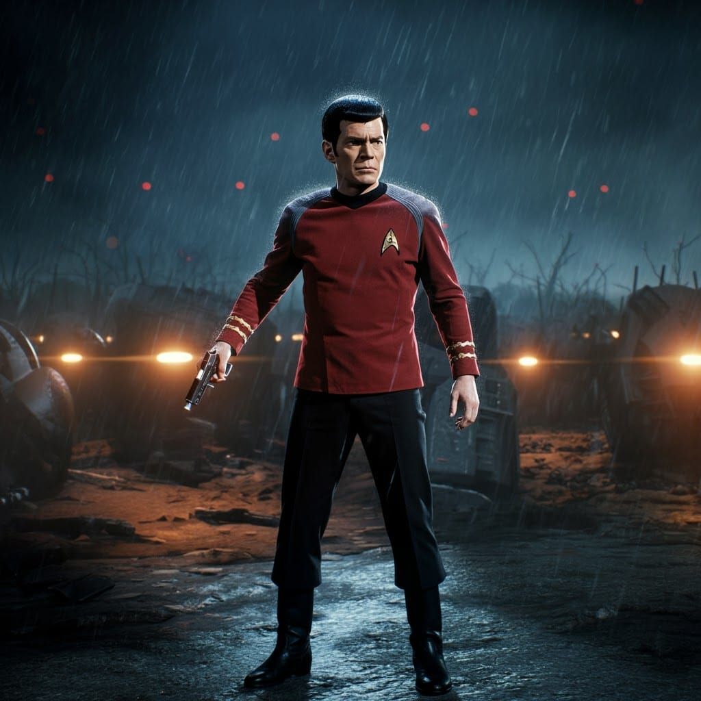 Star Trek security-officer in the rain.