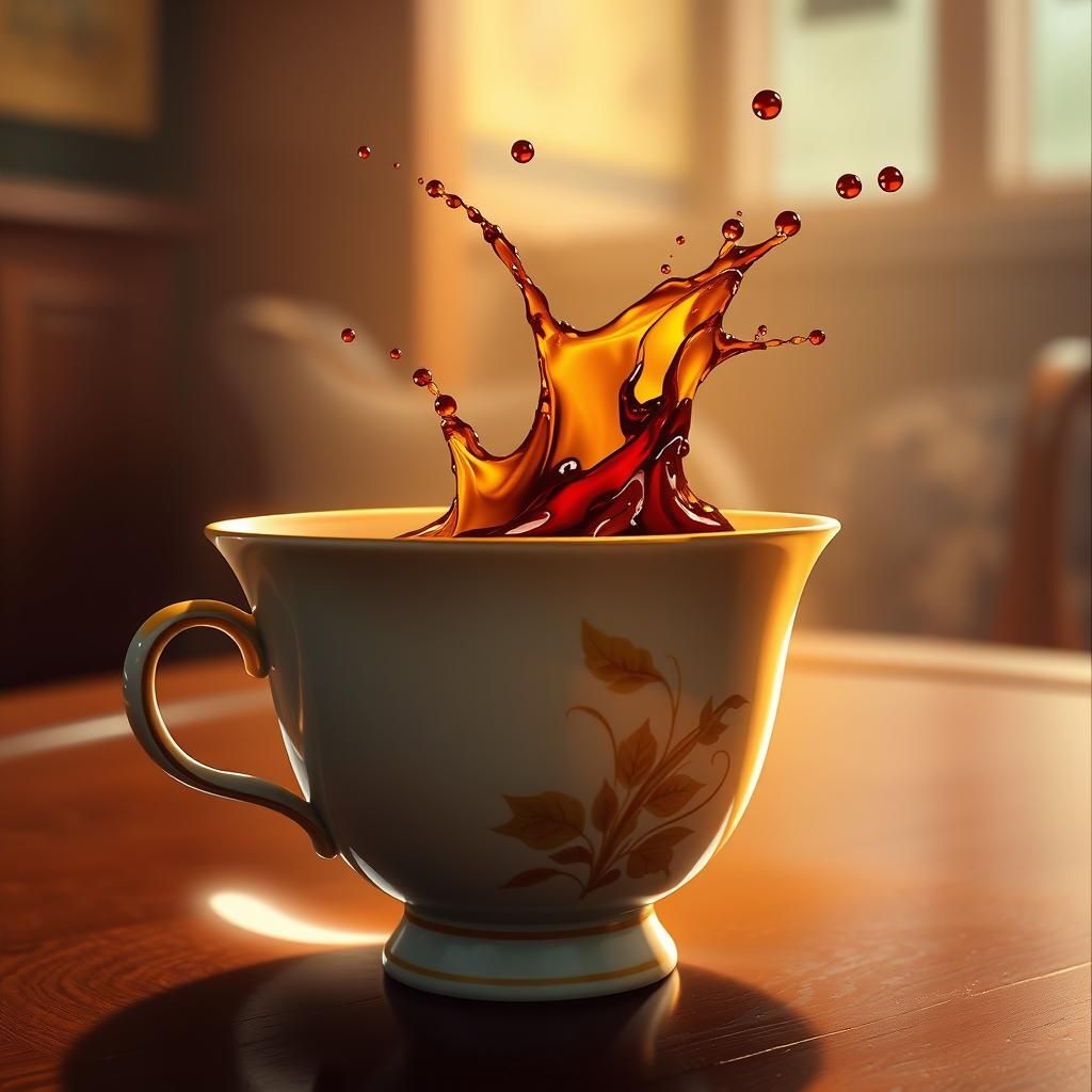 Dramatic Tea Splash in Antique Porcelain Cup