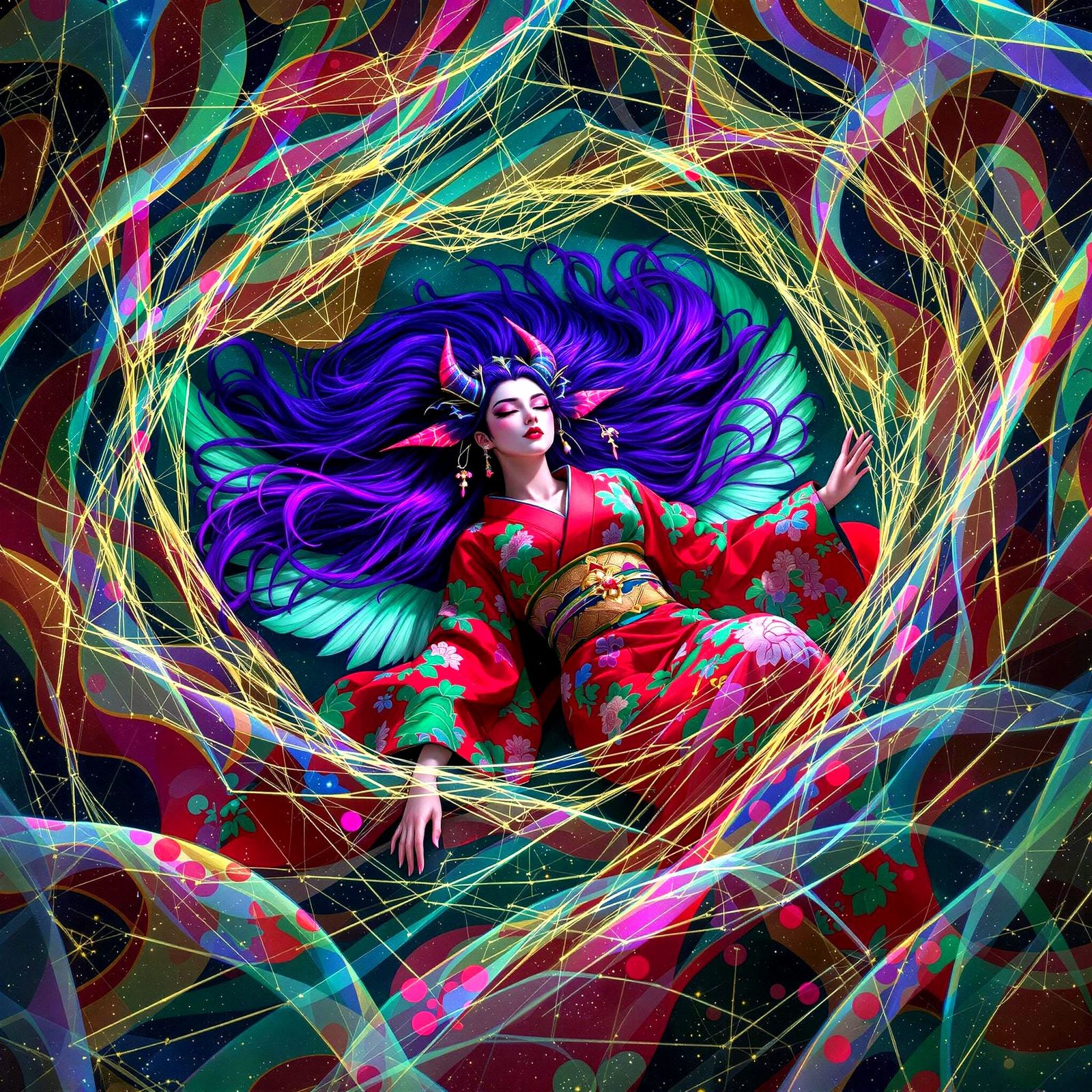 Whimsical Geisha Angel Trapped in Candyland Web