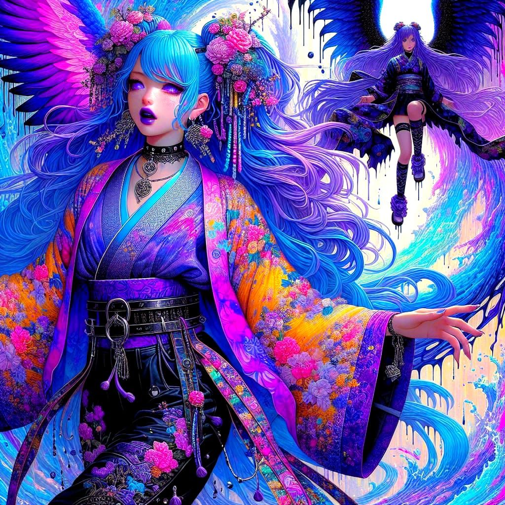 Japanese Angel Descending into Neon Abyss