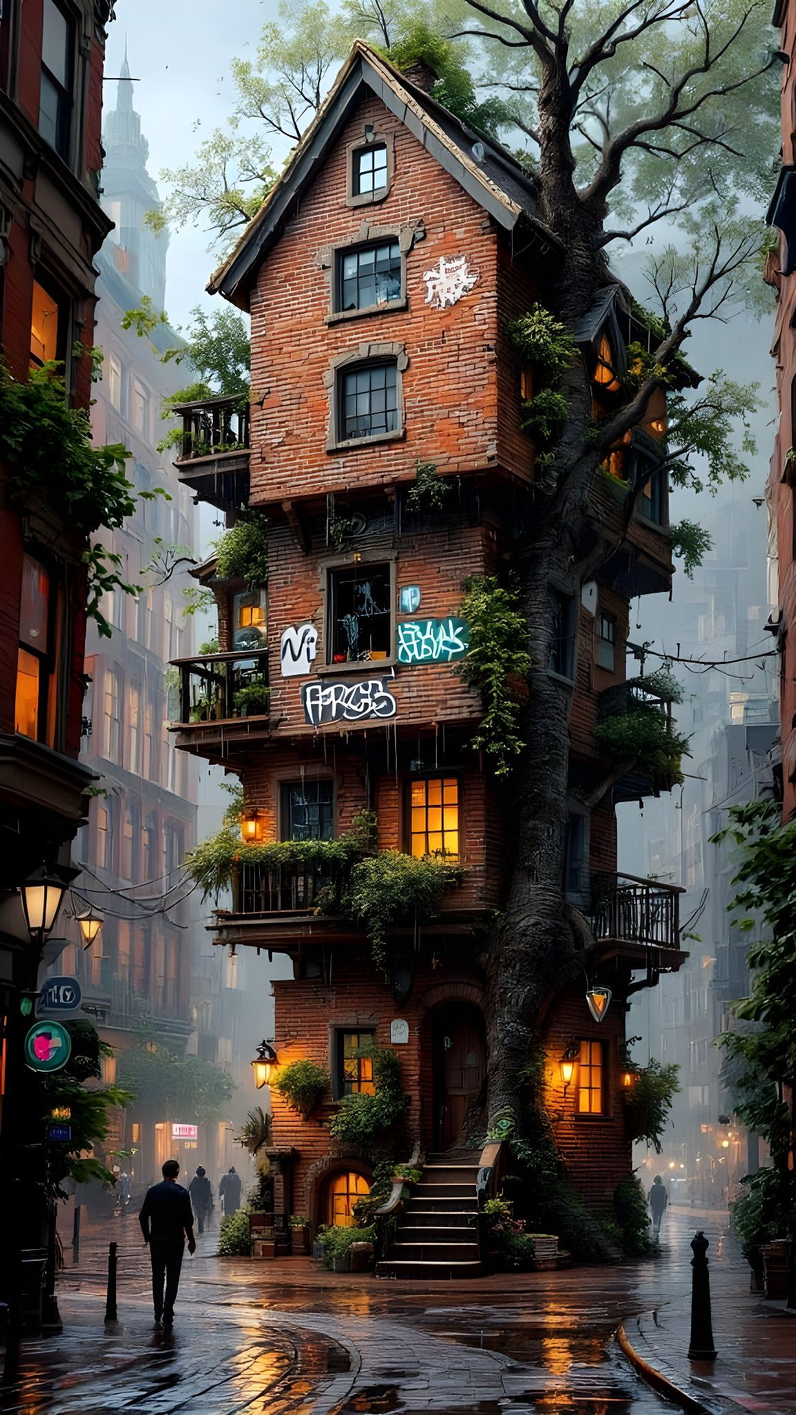 Surreal City Treehouse with Graffiti and Broken Window
