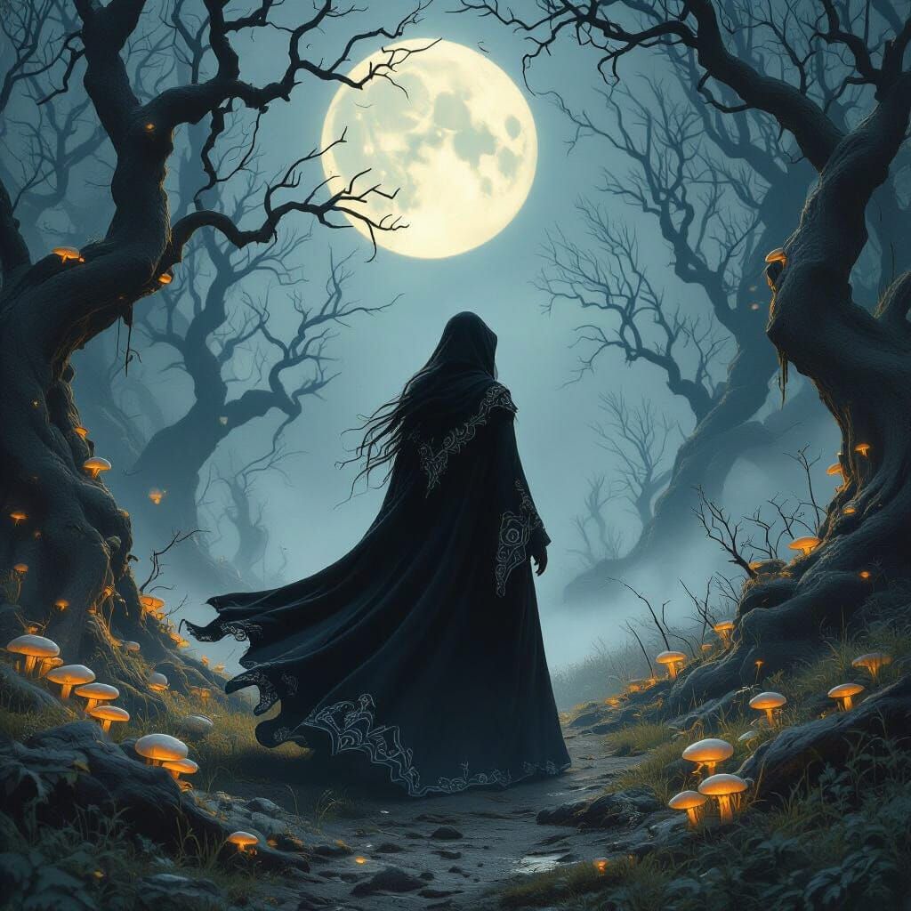 Witch in Moonlit Clearing, Dark Fantasy Style