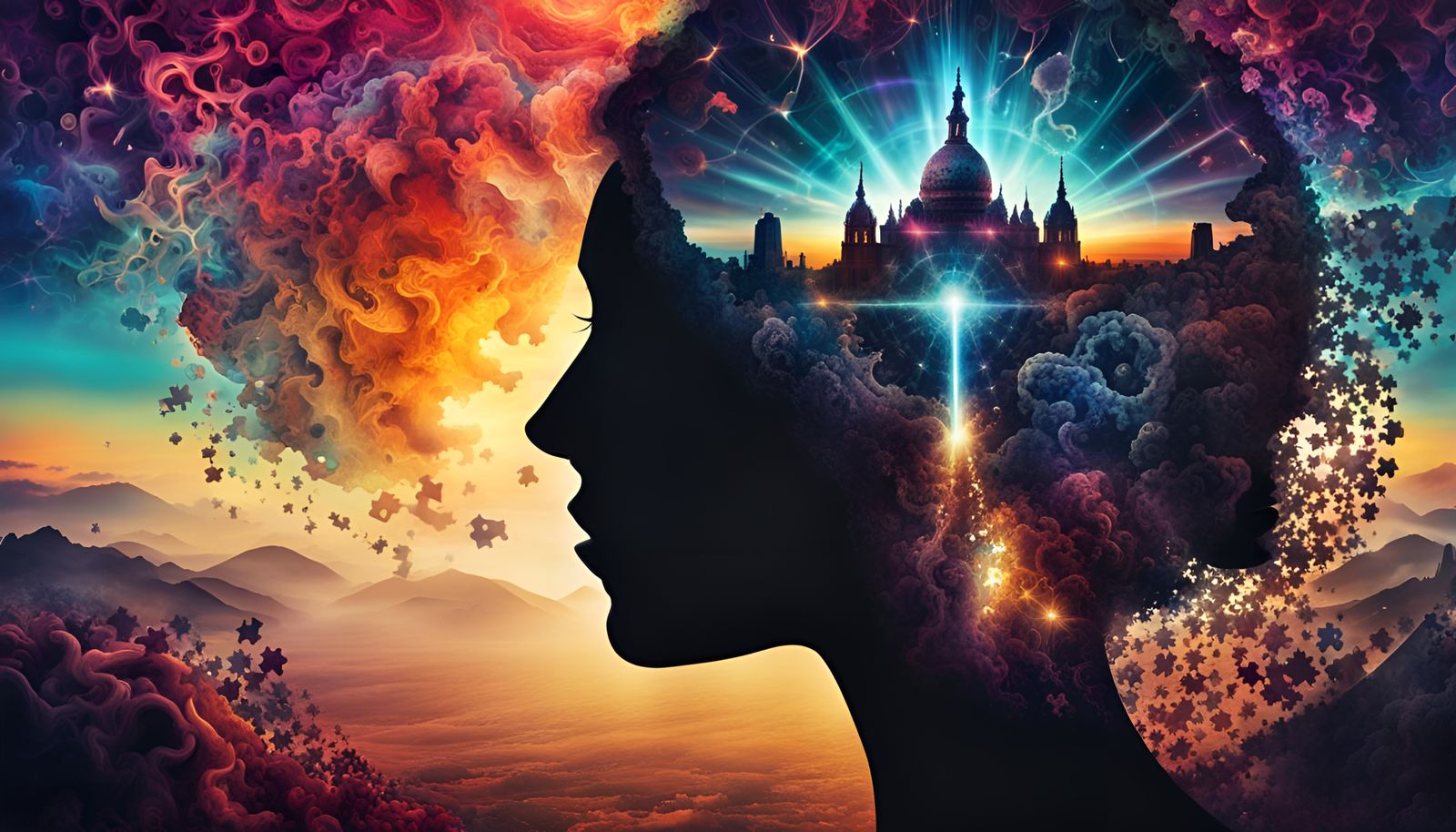Psychedelic Mindscape with Puzzle Piece Imagery