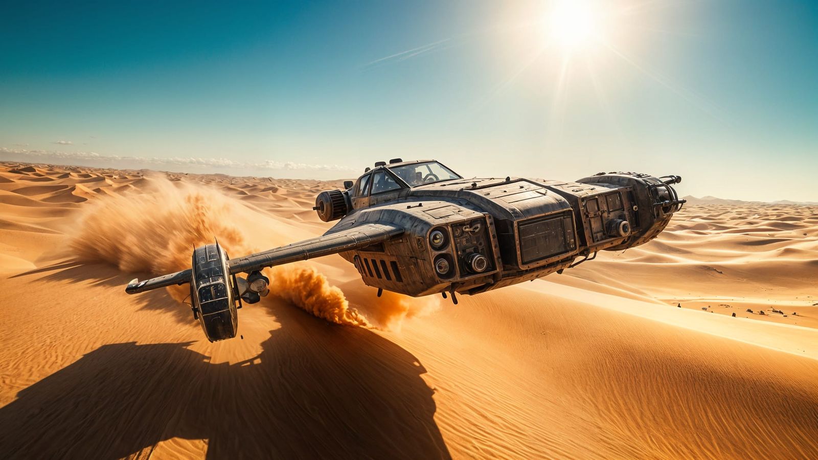 Industrial Flying Vehicle Soars Over Desert Landscape in Cyb...