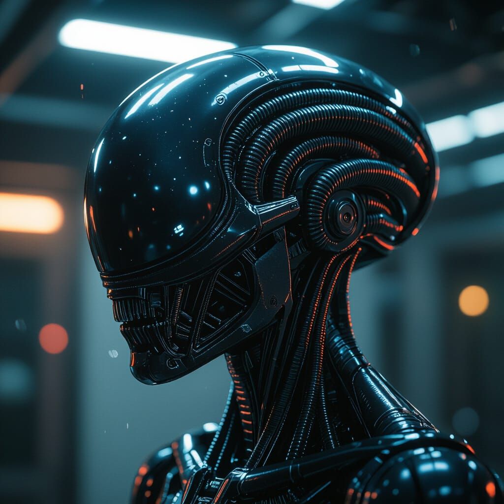 Alien AI Brain Schematic in Biomechanical Style