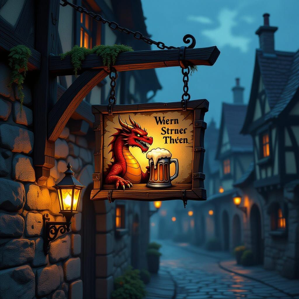 Ancient Tavern Sign with Dragon and Stein