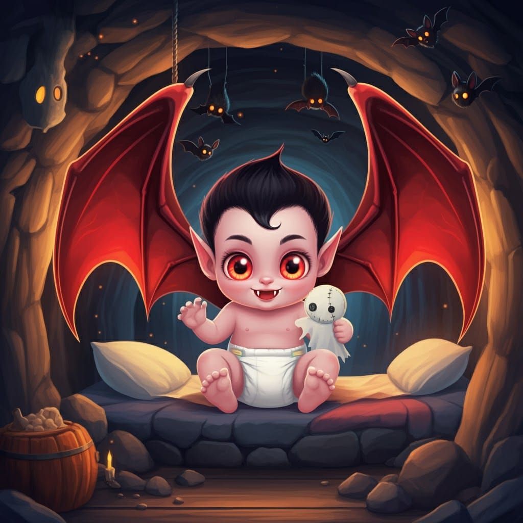 Baby Dracula with Fiery Wings Playing with Ghost Doll
