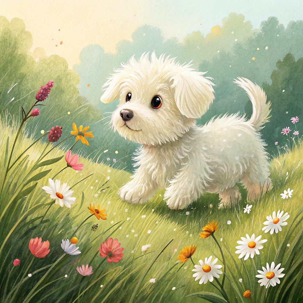 Whimsical Puppy in a Vibrant Meadow