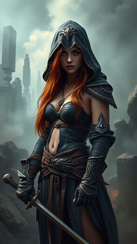 Red-Haired Assassin in Dark Fantasy Landscape