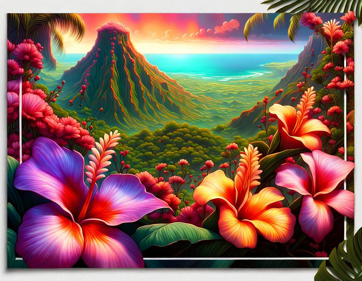 Detailed Hawaiian Volcano Postcard in Fantasy Style