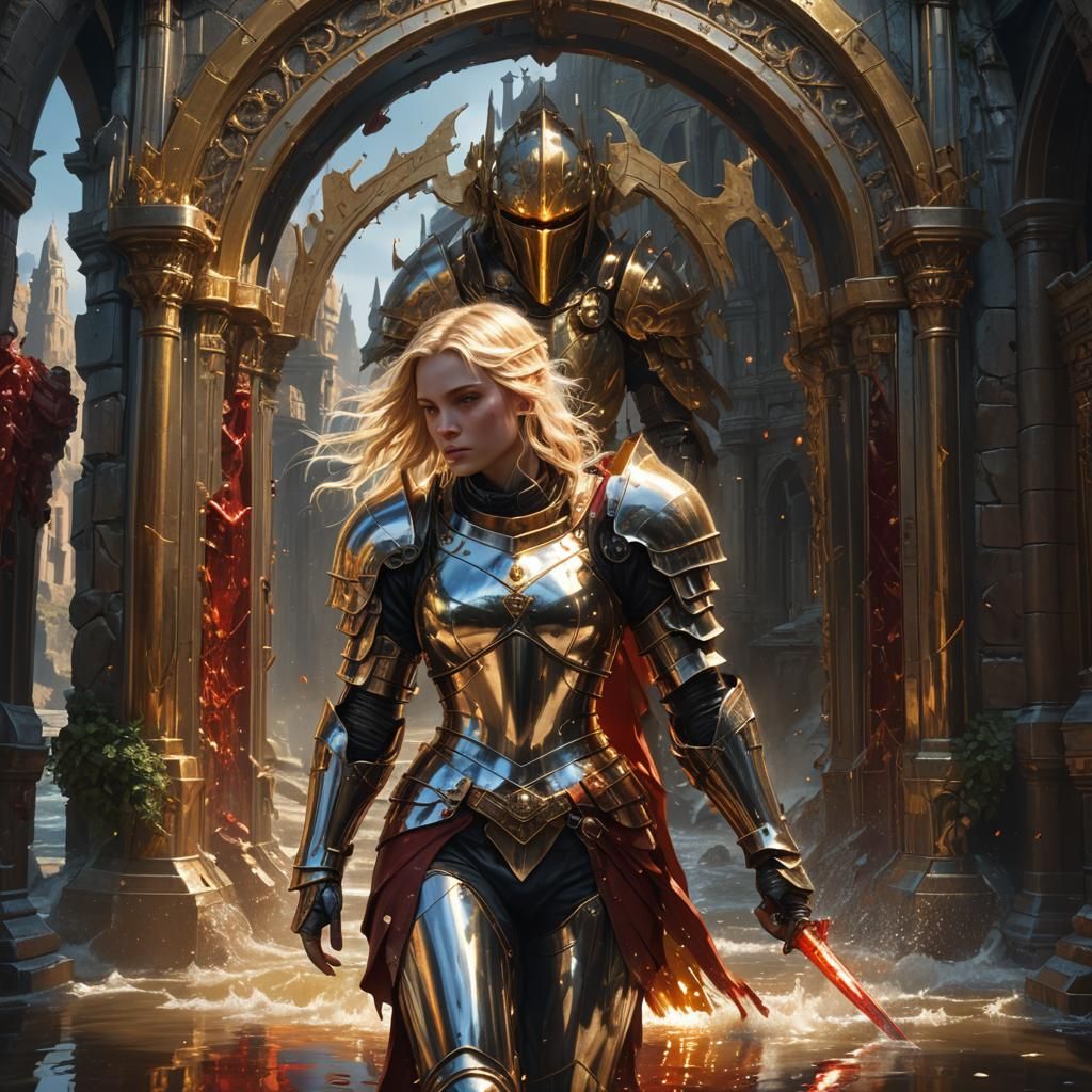 Chrome Armored Knight Walks Towards Golden Portal