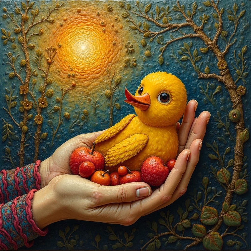 Hands Birth Bird With Fruit, Encaustic Impasto Painting
