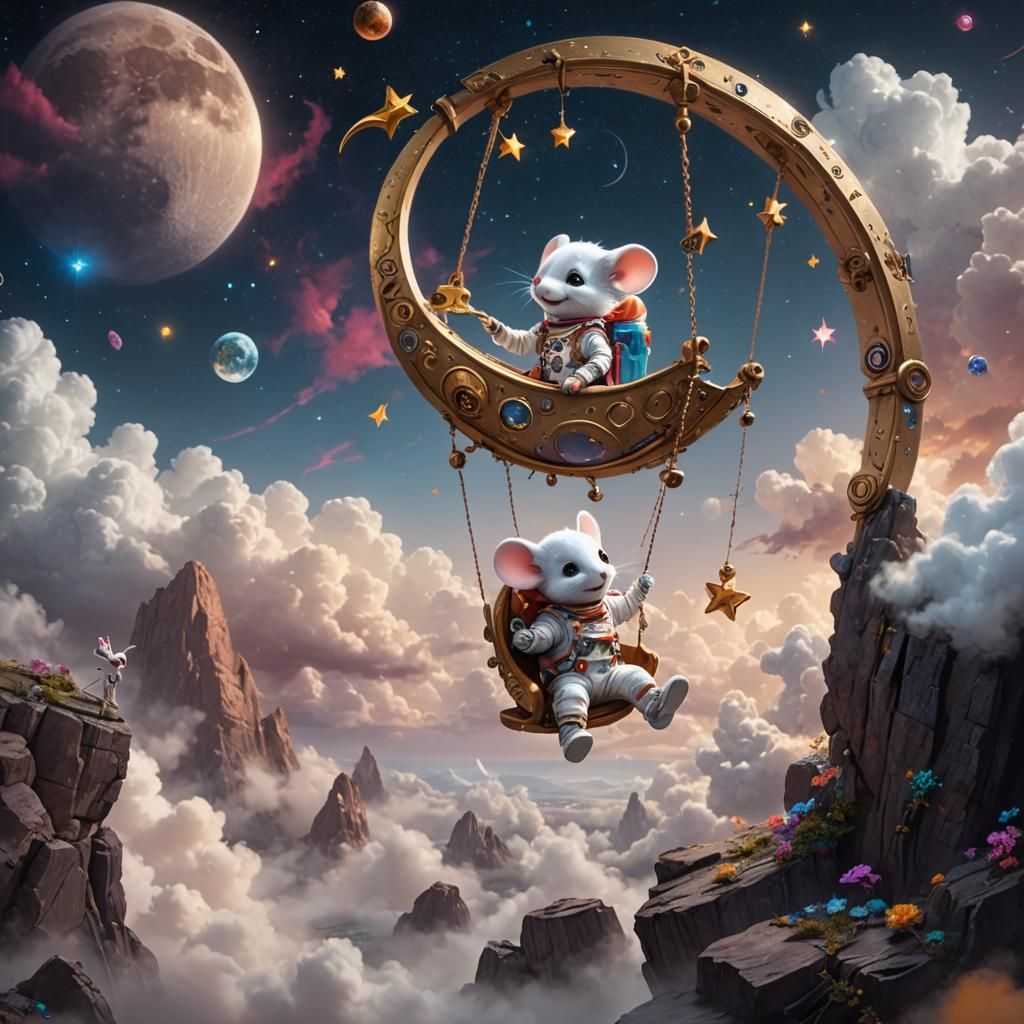 Astronaut on Moon Swing in Dreamy Starscape