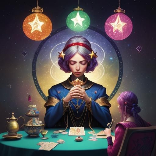 Tarot Reader Under Starry Sky in Candy Art Style