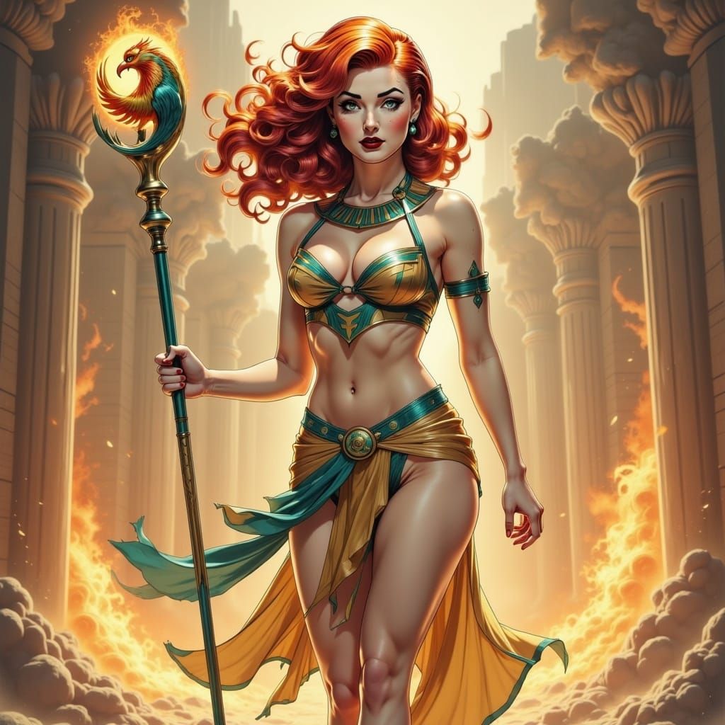 Egyptian Anime Sorceress with Phoenix Staff