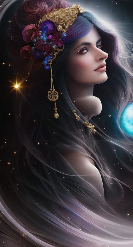 Woman with Galaxy Hair Holding Balance Scale