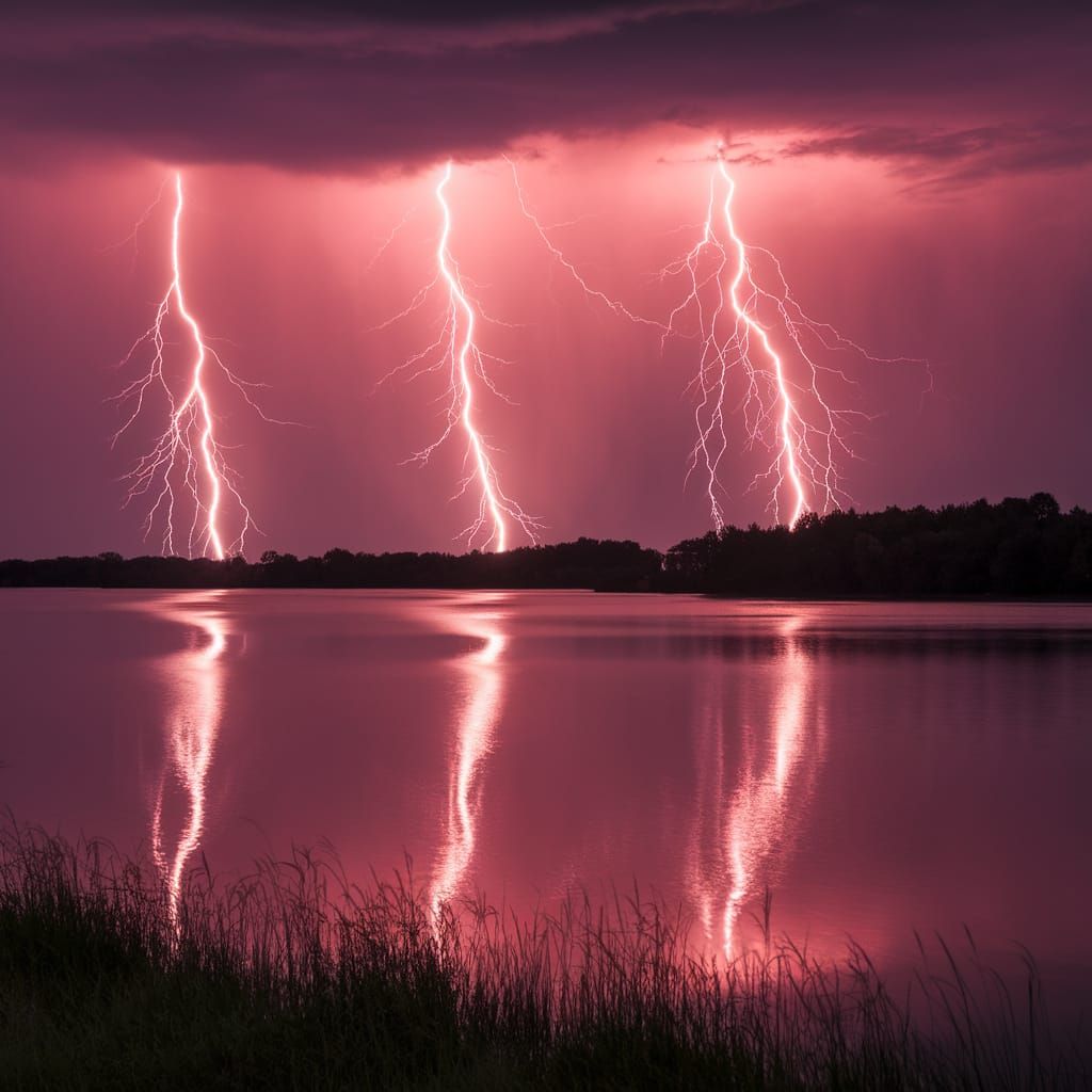 Red Lightning Bolts Over Serene Lake in Epic Dusk Scene