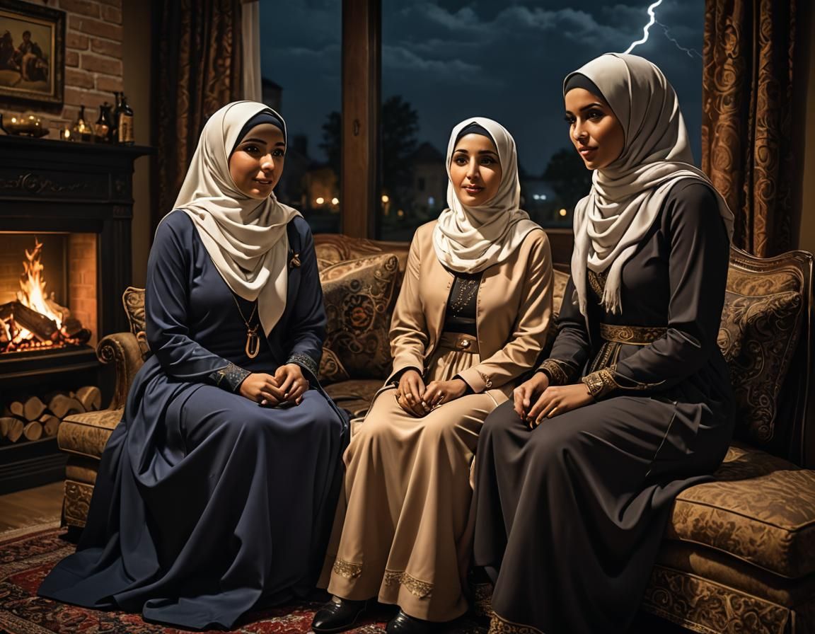 Two Hijabi Women by Fireplace on a Lightning Night