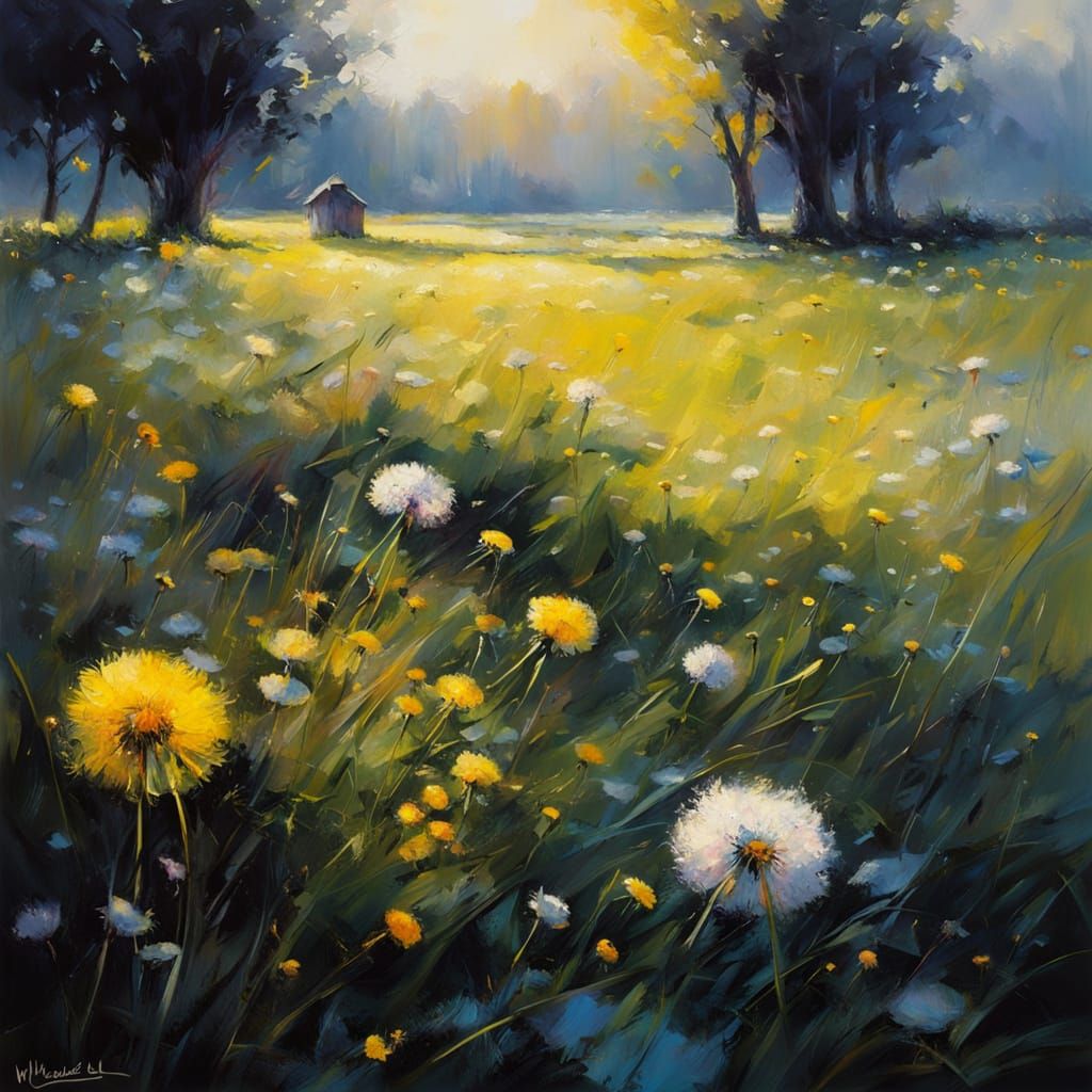 Mysterious Dandelion Landscape Under Neon Glow