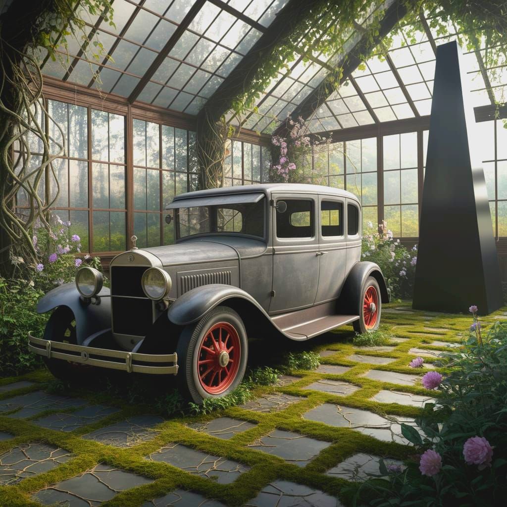Vintage Car and Monolith in Overgrown Greenhouse