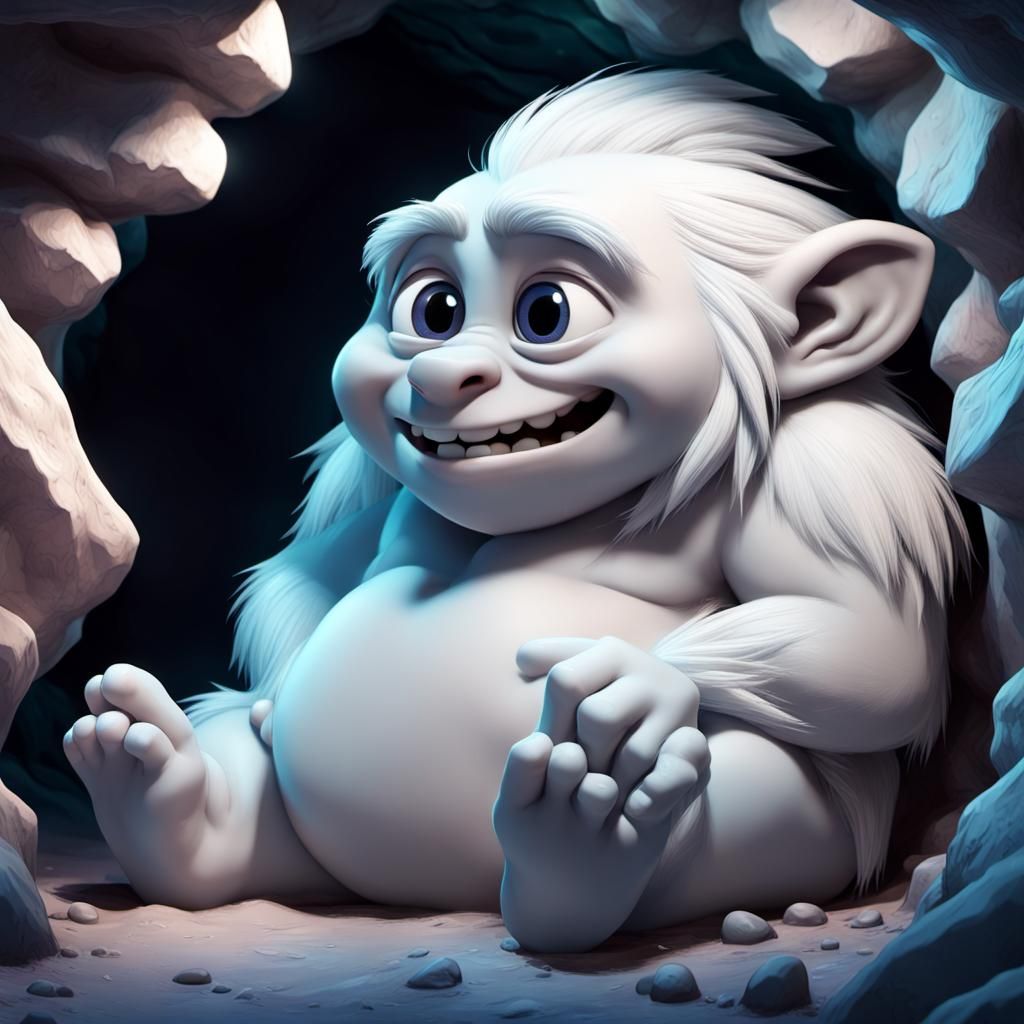 Cute White Yeti Napping in Cave: 3D Digital Art