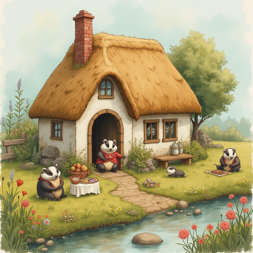 Badger Family Picnic in Whimsical Storybook Style