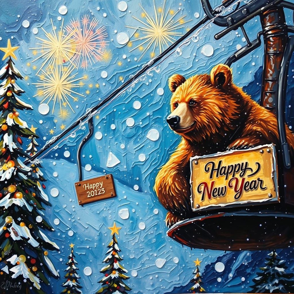 Surreal Brown Bear Surfs Ski Lift in Ethereal Fantasy Landsc...