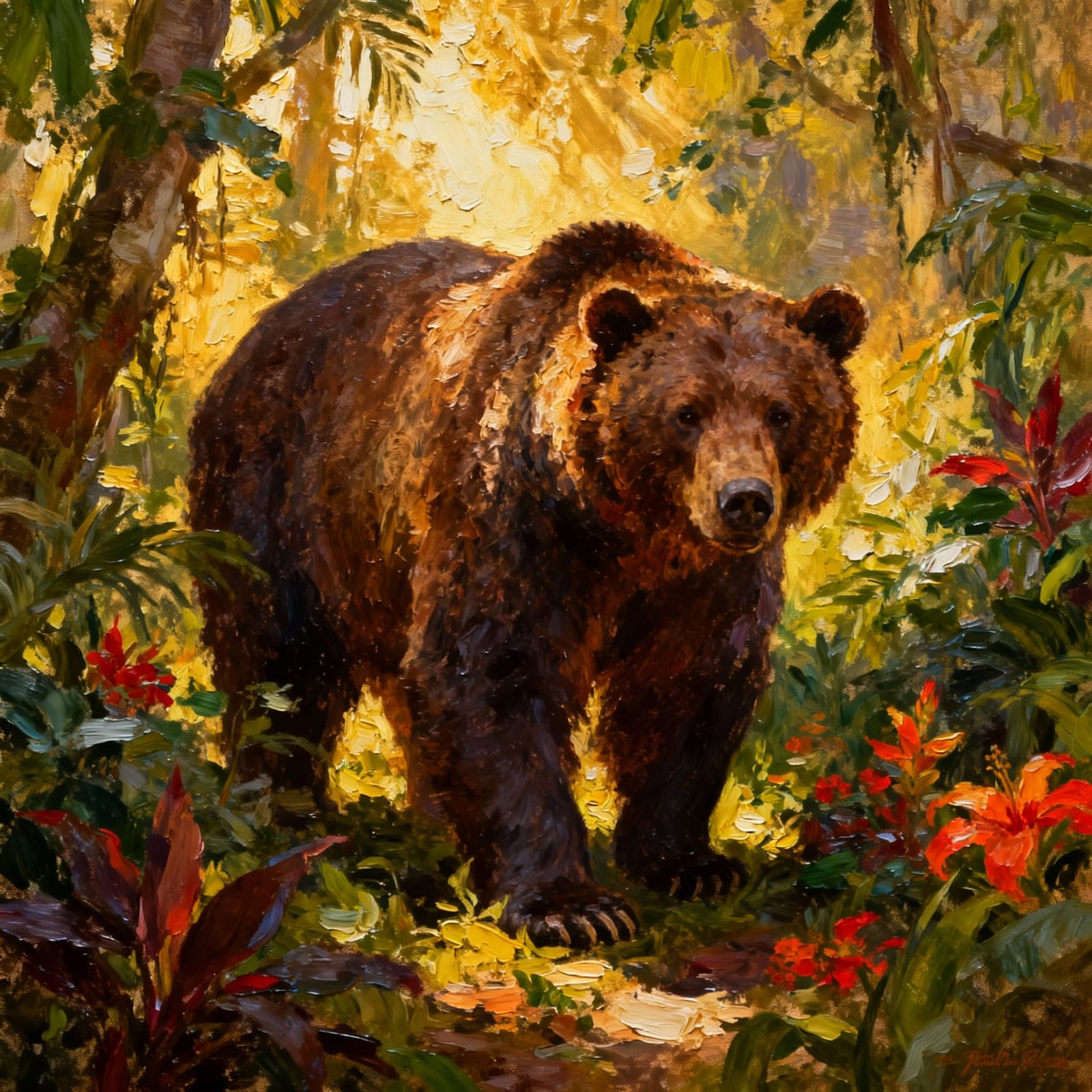 Majestic Brown Bear in Lush Jungle Oil Painting