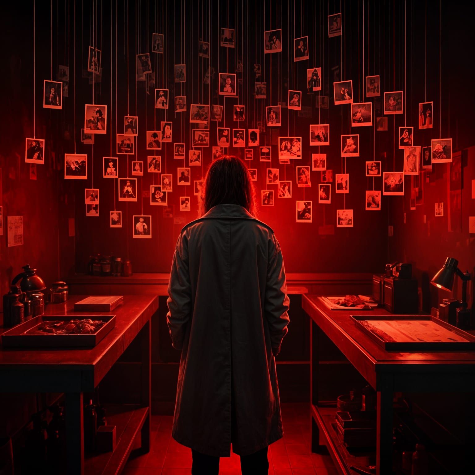 Woman in Darkroom Developing Glowing Photographs