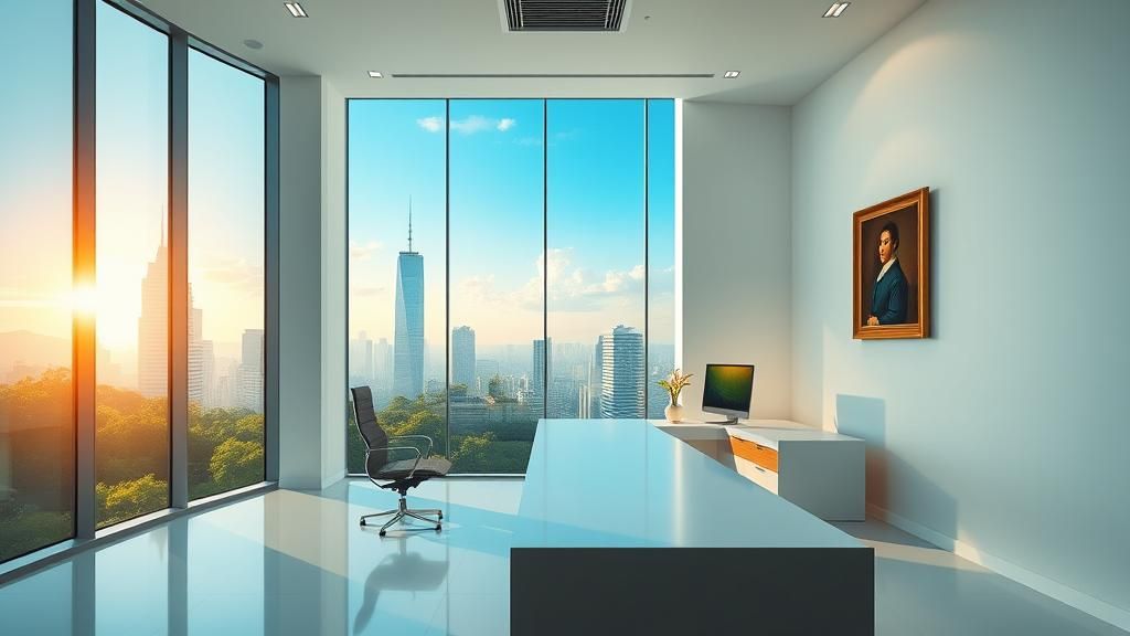 High-Tech Office with City View in Matte Painting Style