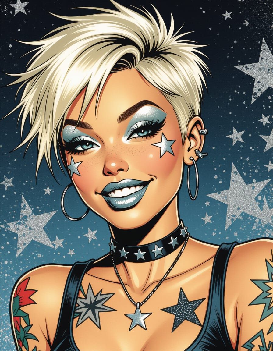 Punk Girl Portrait with Silver Makeup in Pin-Up Style