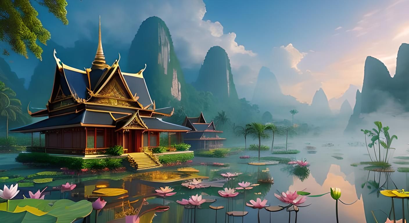 Thai Temple Floating on Lotus Pond in Kinkade Style