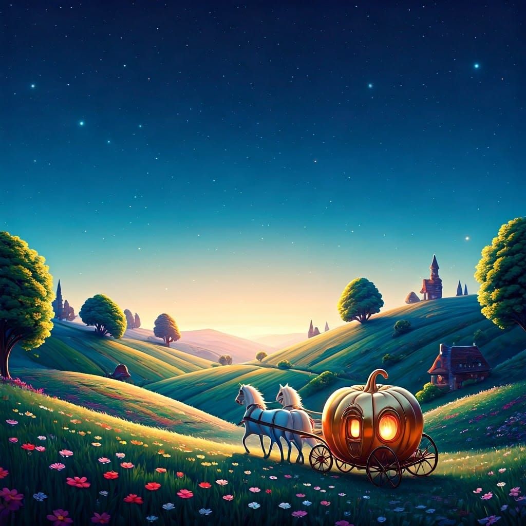 Iridescent Pumpkin Carriage Drives Under Starlit Night Sky
