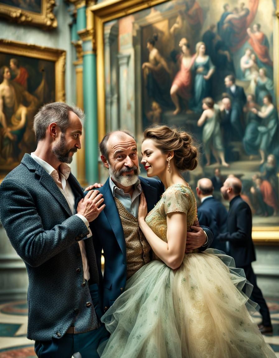 Happy Couple Conversing at Art Museum in Hyperrealism